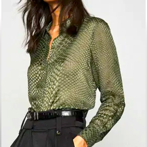 Reiss Lucinda Silk Blend Burnout Textured Long Sleeve Blouse 2 Green Button Down - Picture 1 of 10